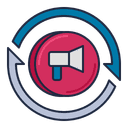 Un mégaphone blanc et rose au centre d'un cercle rose, entouré de deux flèches incurvées formant un cercle complet. L'une des flèches est bleu foncé et l'autre est bleu clair, indiquant un mouvement de rotation ou de répétition